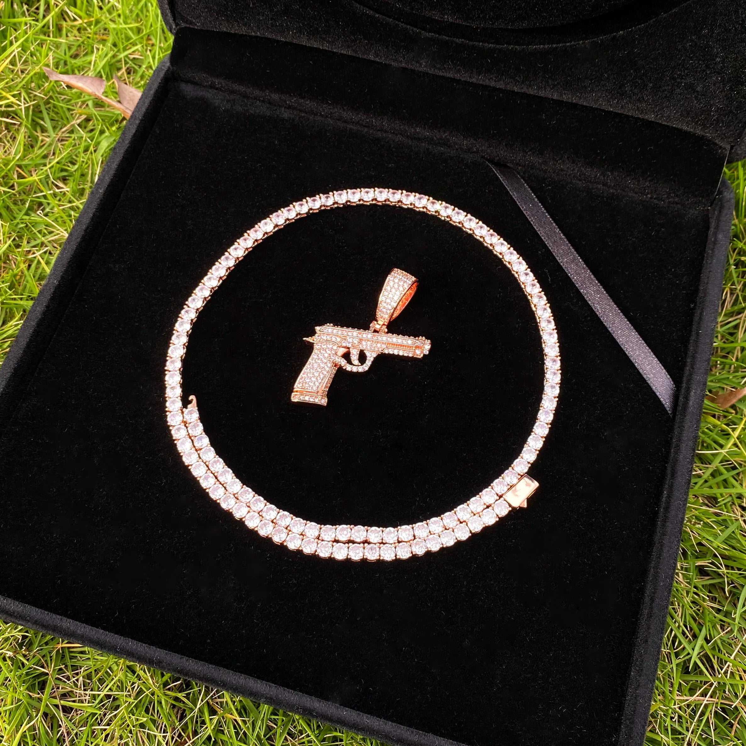 Aokaishen Iced Out Gun Necklace Pendant for Men Street Culture Prong Setting Charm Cubic Zirconia Hip Hop Jewelry