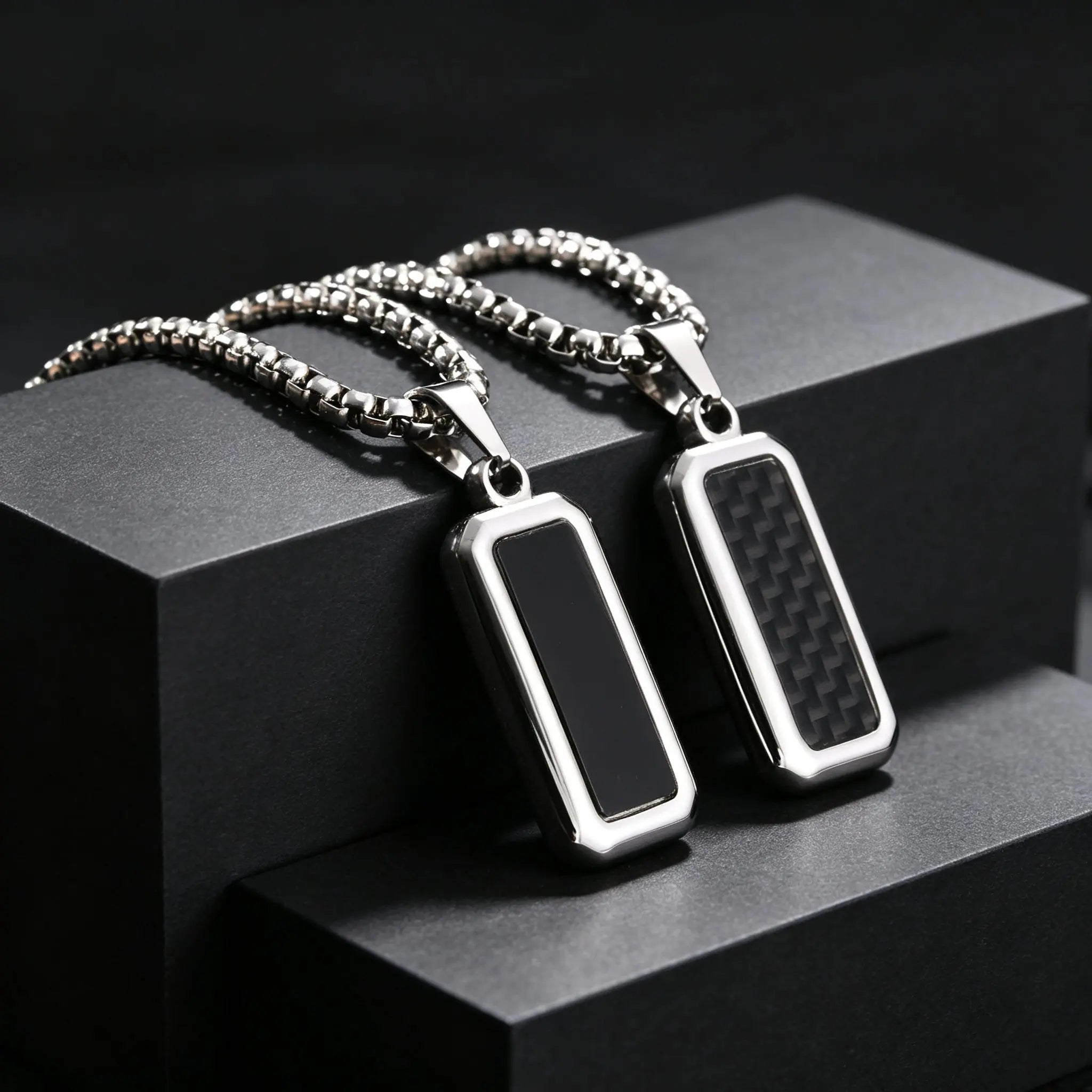 Square Dog Tag Pendant Necklace — Black Stainless Steel