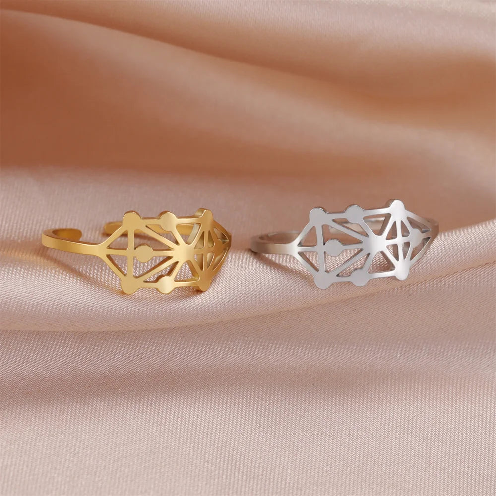 My Shape Sephirot Kabbalah Tree of Life Rings Women Stainless Steel Adjustable Size Geometric Finger Ring Amulet