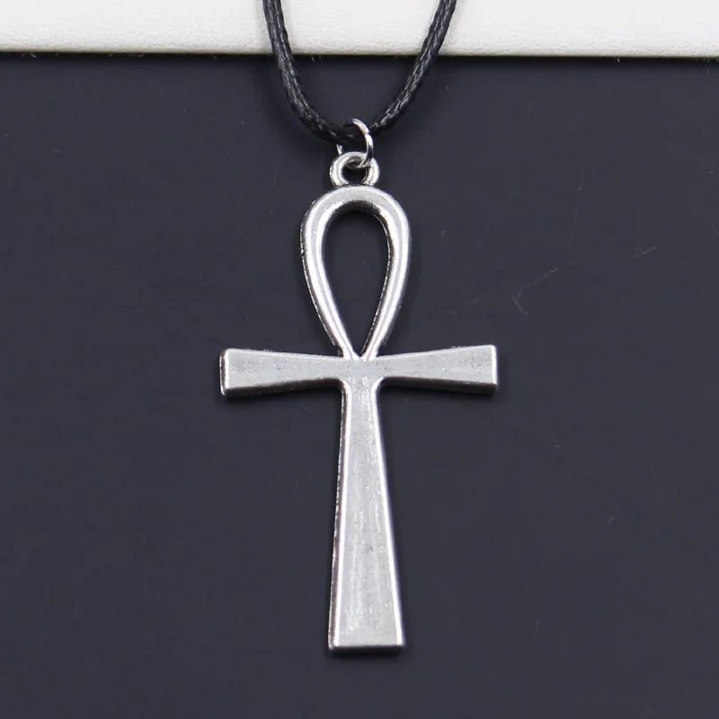 New Durable Black Faux Leather Cross Egyptian Ankh Life Pendant Cord Choker DIY Necklace Retro Boho Tibetan Silver Color