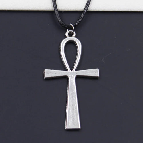 Black Leather Ankh Cross Necklace — Silver