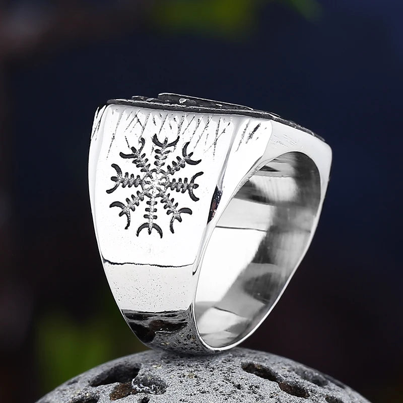 Viking Mens Stainless Steel Amulet Ring With Compass Triangle Odin Vegvisir Rings Nordic Talisman Biker Jewelry Gift for Men