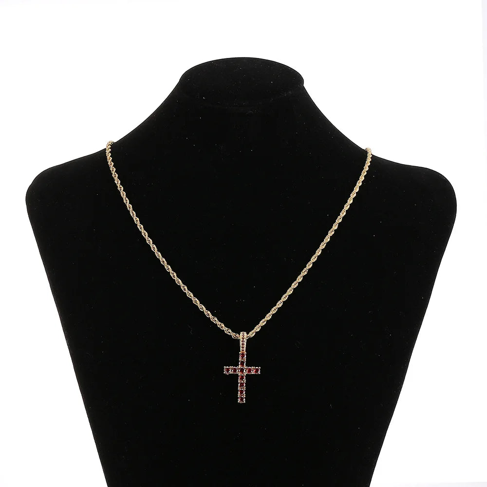 Two-Tone Iced Out Cross Pendant Red Zircon