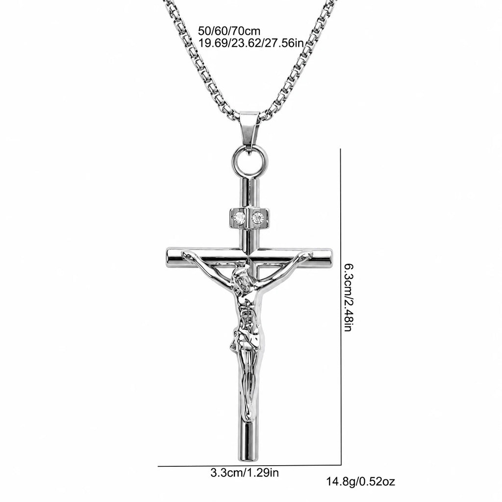 Jesus Crucifix Rhinestone Cross Necklace — Stainless Steel
