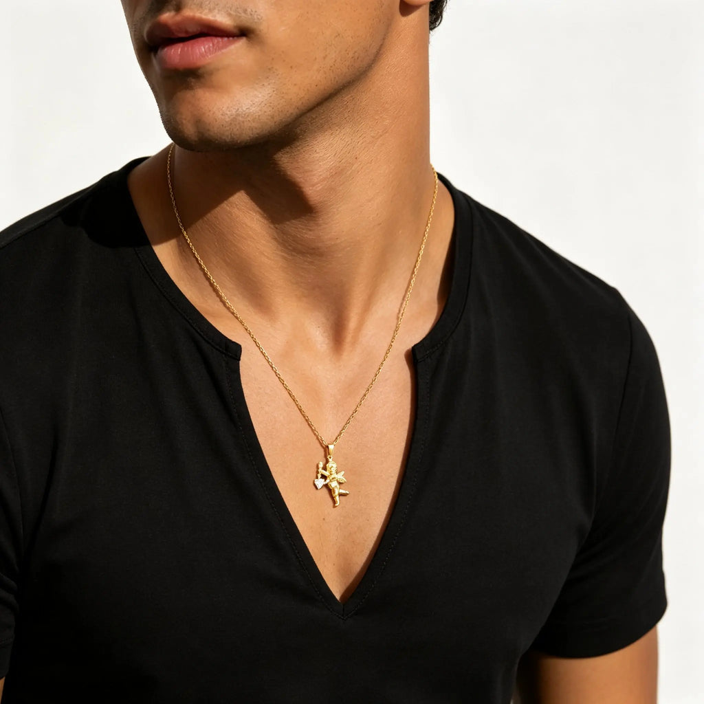 Gold Color Stainless Steel Cupid Pendant Necklace,Love CZ Bow Arrow Cupid Pendant Necklace,Pray for Beautiful Love Jewelry