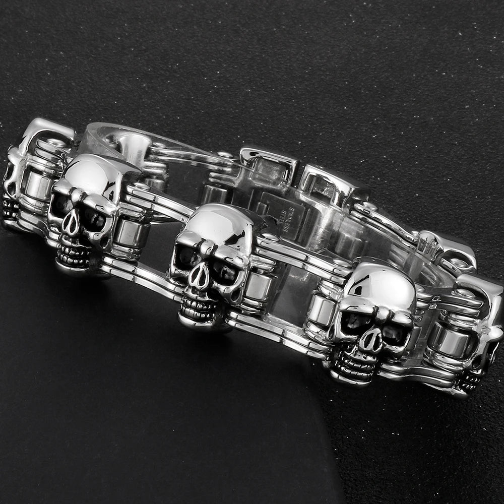 Men's Bike Chain Skull Bracelet Masculine Heavy Stainless Steel Skeleton Head Bracelets Party Accessories for Rapper