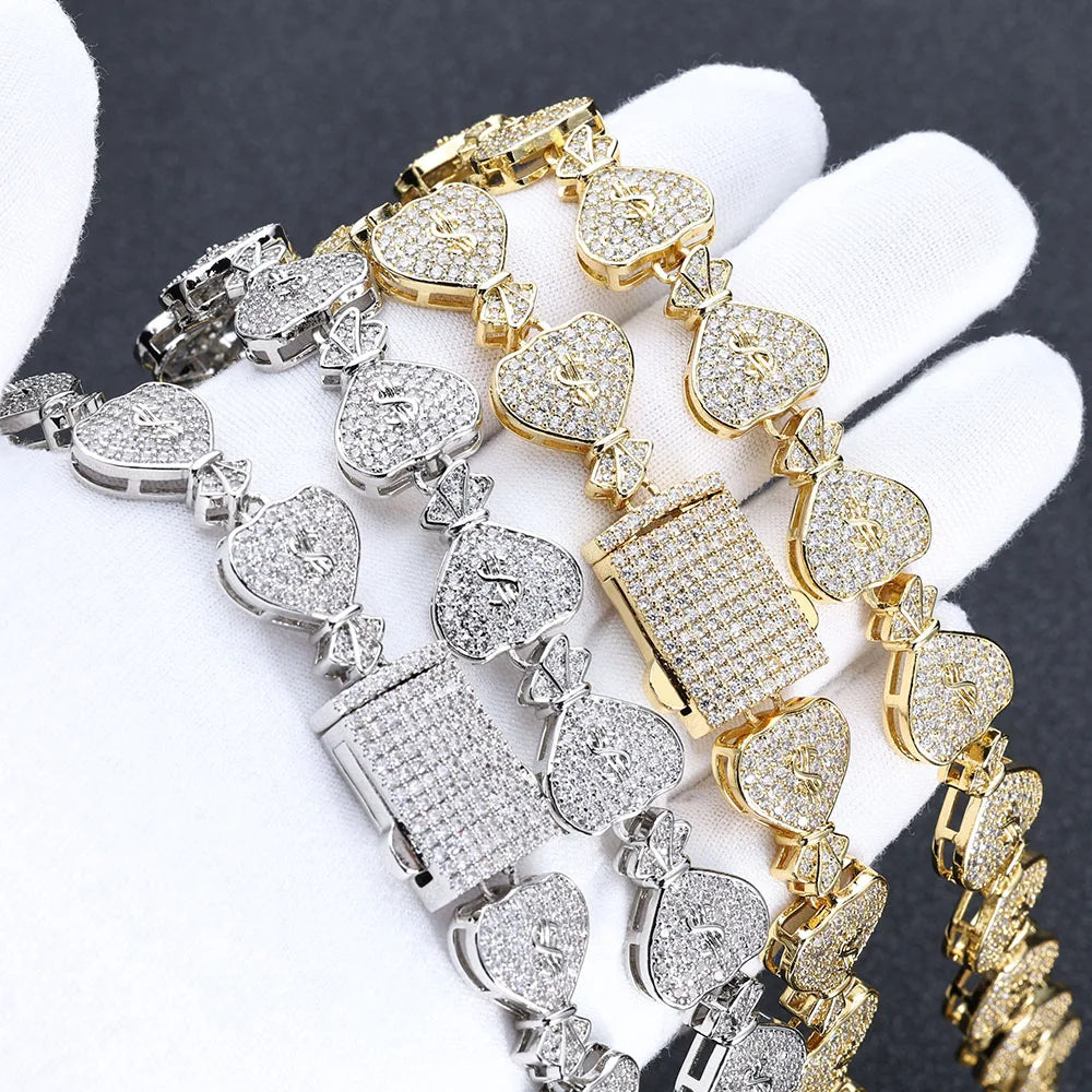 Iced Out Cuban Chain Necklace Money Bag CZ