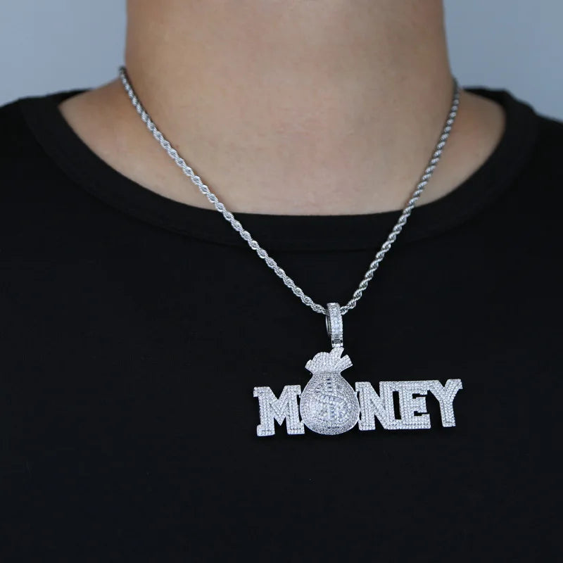 Iced Out Money Bag Pendant Necklace — CZ Pave, Gold-Tone, 60cm