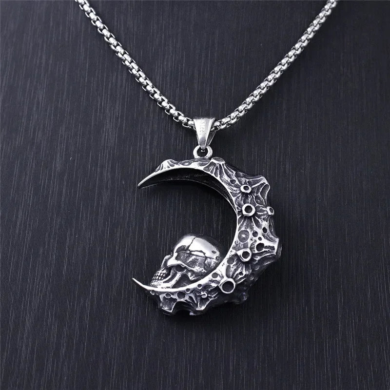 Moon Skull Pendant Necklace — 316L Stainless Steel