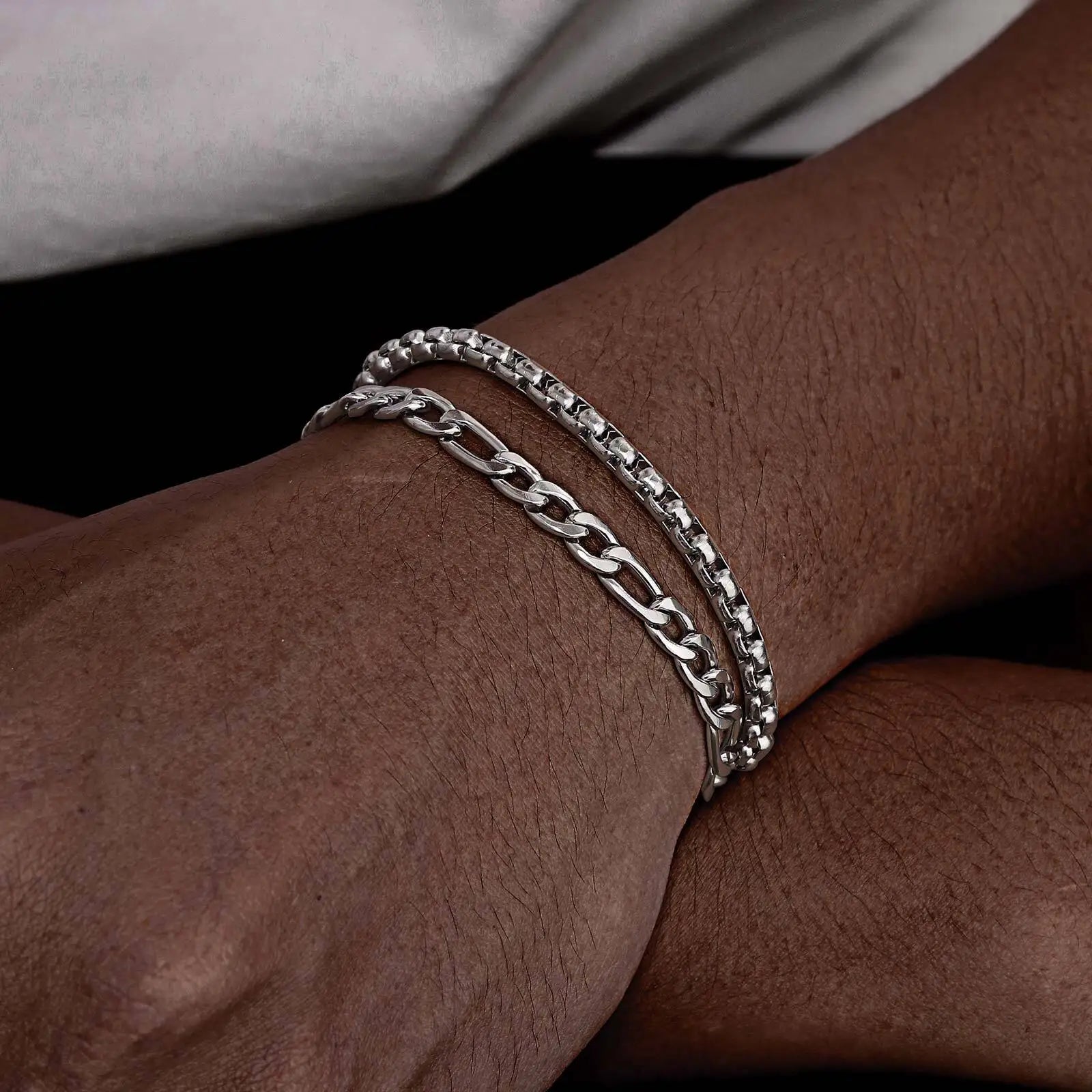 Box Chain Figaro Chain Bracelet Set — Stainless Steel