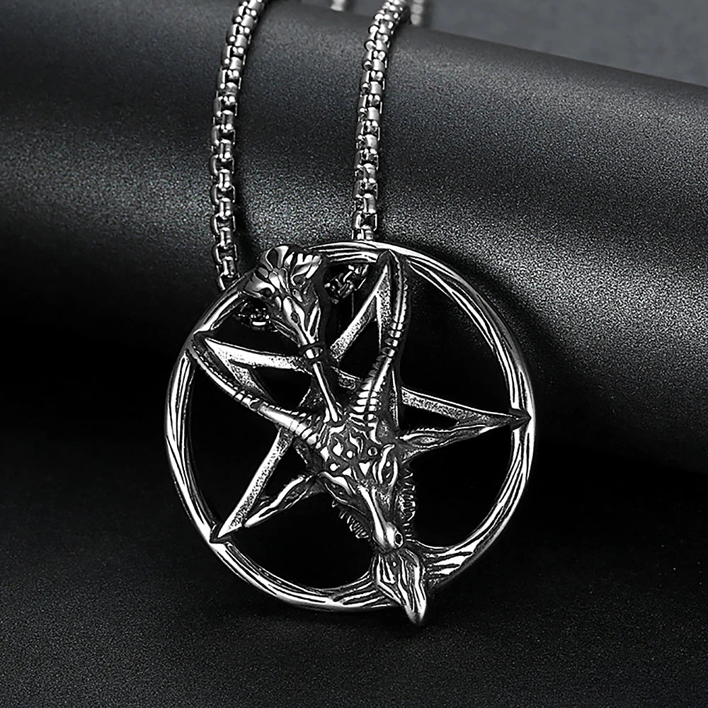 Gothic Vintage Pentagram Satanic Sheep Pendant Necklace For Men Punk Stainless Steel Biker Animal Necklaces Amulet