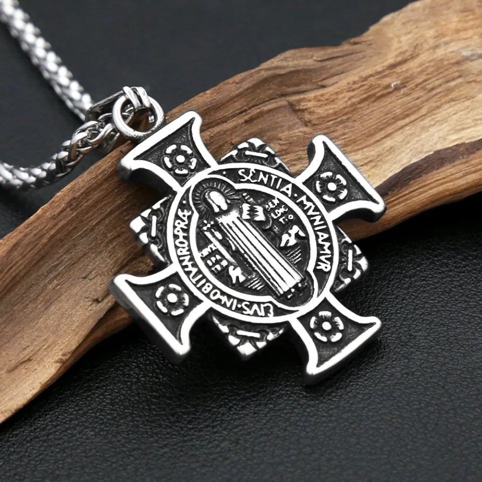 Vintage Stainless Steel Saint Benedict Exorcist Pendant Necklaces For Men Women Fashion Religious Amulet Jewelry