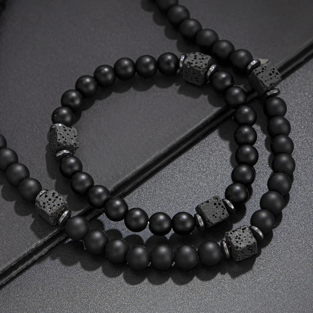 8mm Matte Black Stone Necklace for Men Jewelry Natural Onyx Square Lava Beads Necklaces Fashion Rosary Jewelry