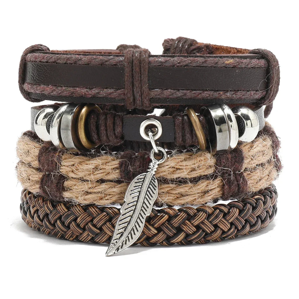 Leaf Pendant Bohemia Leather Bracelets for Men Women Ethnic Braid Rope Hand Woven Bracelet Drawstring Bracelet Beads Jewelry