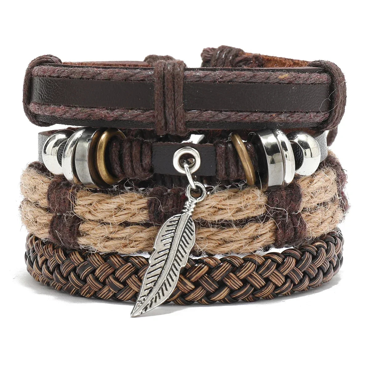 Leaf Pendant Bohemia Leather Bracelets for Men Women Ethnic Braid Rope Hand Woven Bracelet Drawstring Bracelet Beads Jewelry