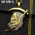 Stainless Steel Rhinestones Saint Death Santa Muerte Grim Reaper Pendant Necklace for Women Men Gold Plated Sickle