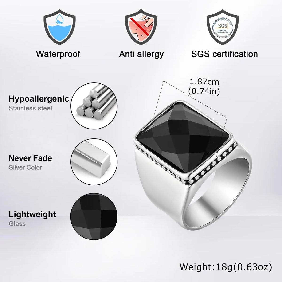 Simple Retro Black Cubic Glass Signet Ring for Men, Geometric Square Stainless Steel Ring, Fashion Punk Finger Jewelry size 7-12