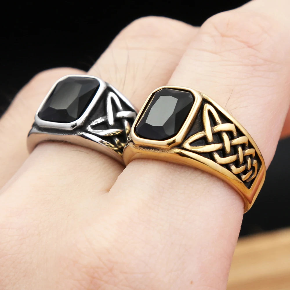 Viking Steel Ring Vintage Nordic Knot Rune Square