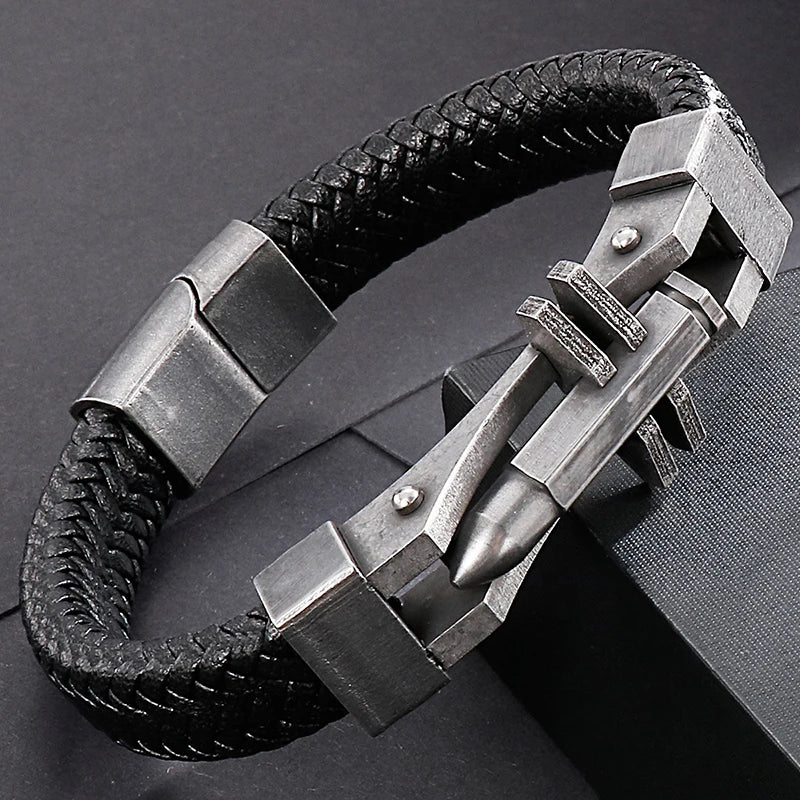 11MM Braided Leather Man Bracelet For Men Gold Color Stainless Steel Men's Charm Cross Bracelets Handmade Hand Bands
