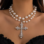 IngeSight.Z Trendy Goth Large Cross Pendant Necklace Elegant Charming Imitation Pearl Woman Choker Y2K Neck Jewelry