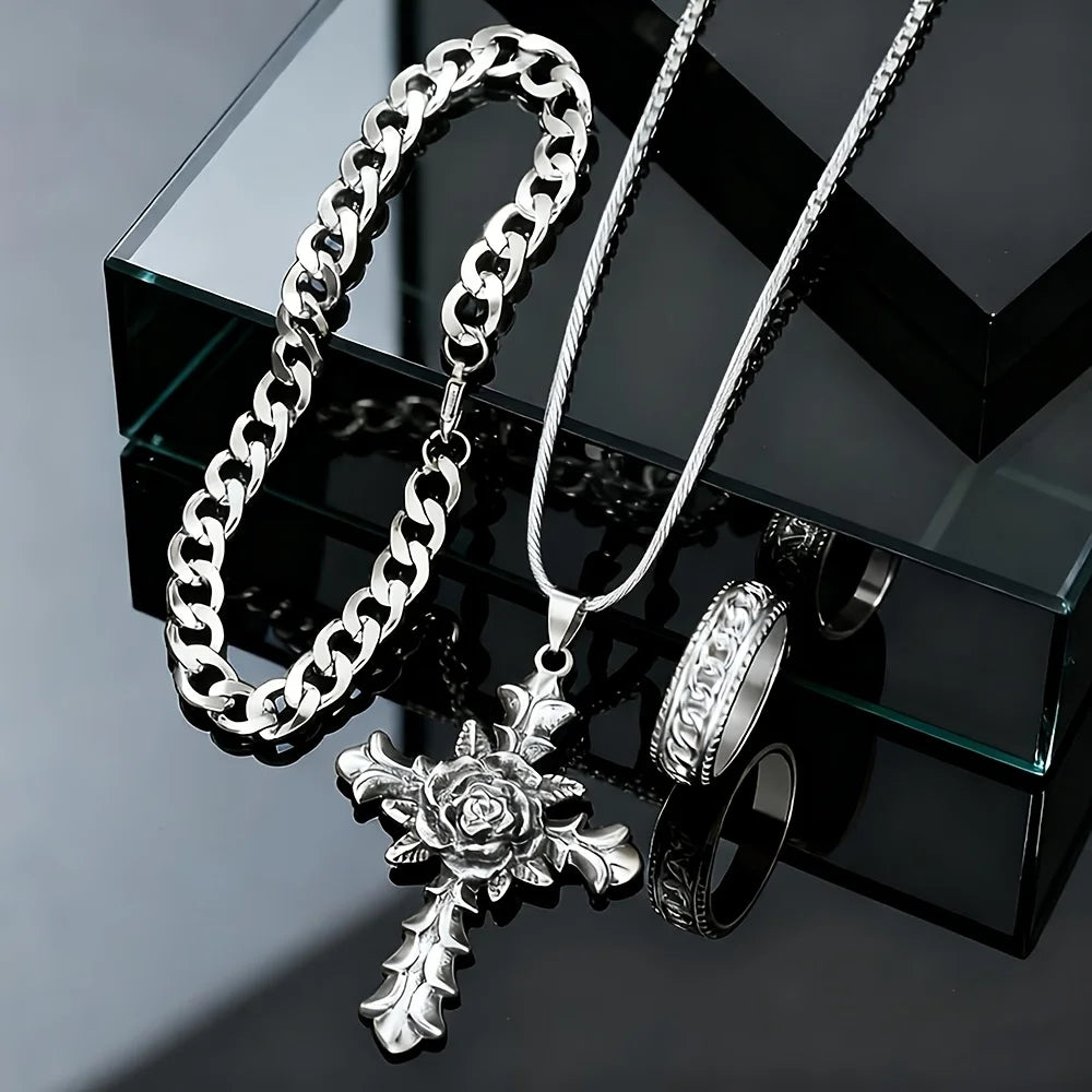 3PCS Cross Necklace Bracelet Ring Set — Two-Tone