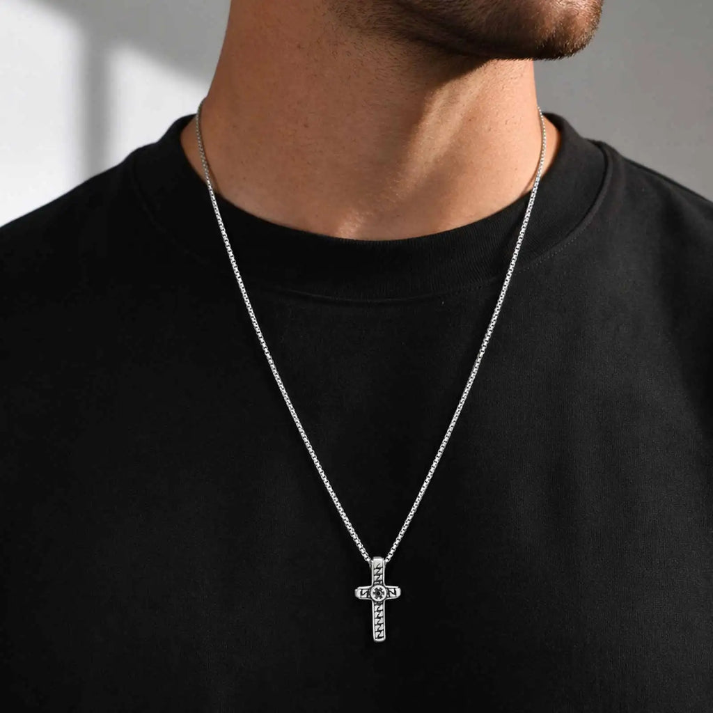 Stylish Cool Textured Cross Pendant Necklace for Men High Quality Stainless Steel Waterproof Collar Necklace Punk