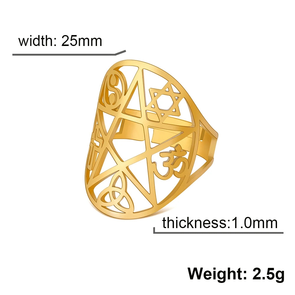 Dawapara Pentagram Adjustable Ring for Men Women Triquetra Cross Star OM Symbol Religious Gift Stainless Steel Jewelry