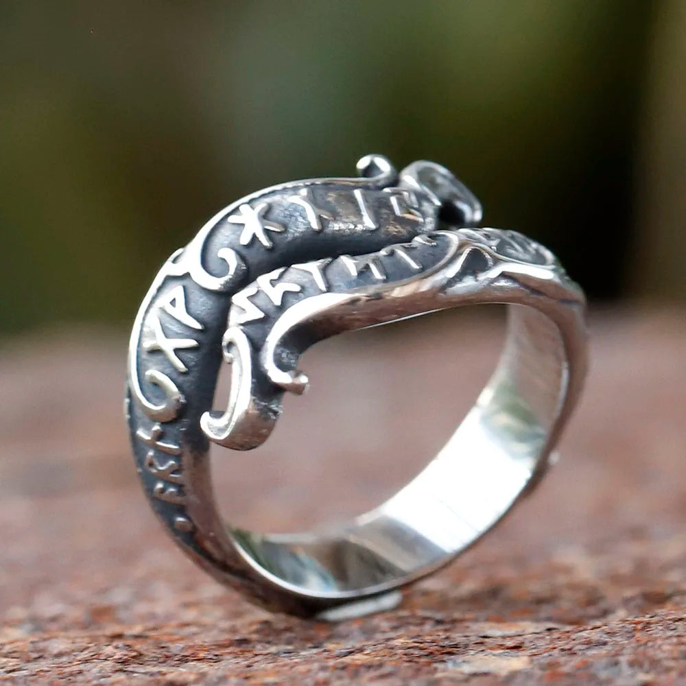 Viking Odin Dragon Rune Amulet Ring — Titanium