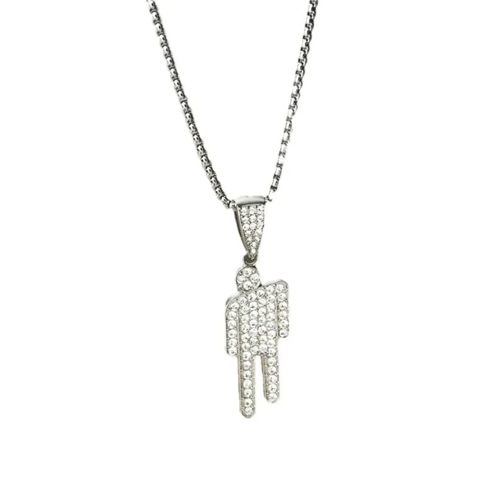 Personality Tilt Head Little Person Stainless Steel Zircon Pendant Necklace for Men Women Hip-hop Punk Collar Accessory