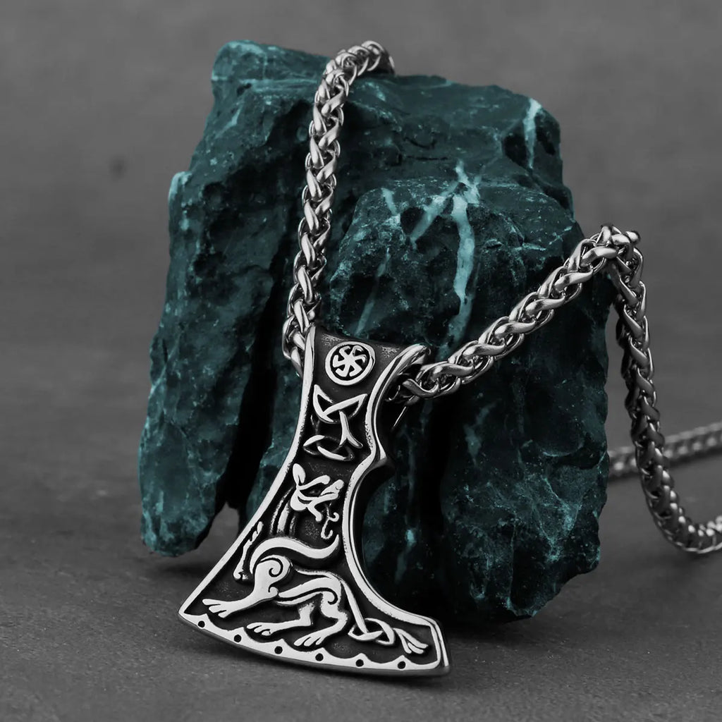 Stainless Steel Viking Axe Men's Pendant Necklace Retro Domineering Dragon Totem Necklace Punk Jewelry