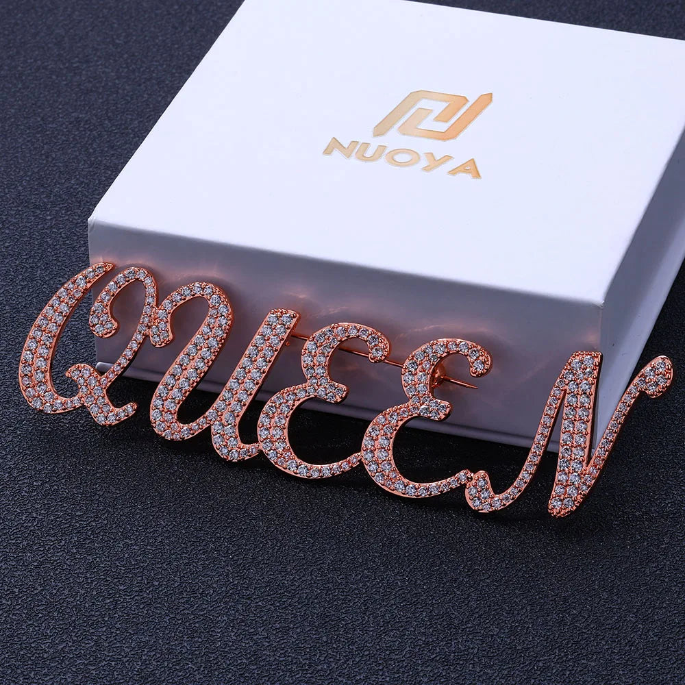 Iced Out Letter Name Pin Brooch Rose Gold