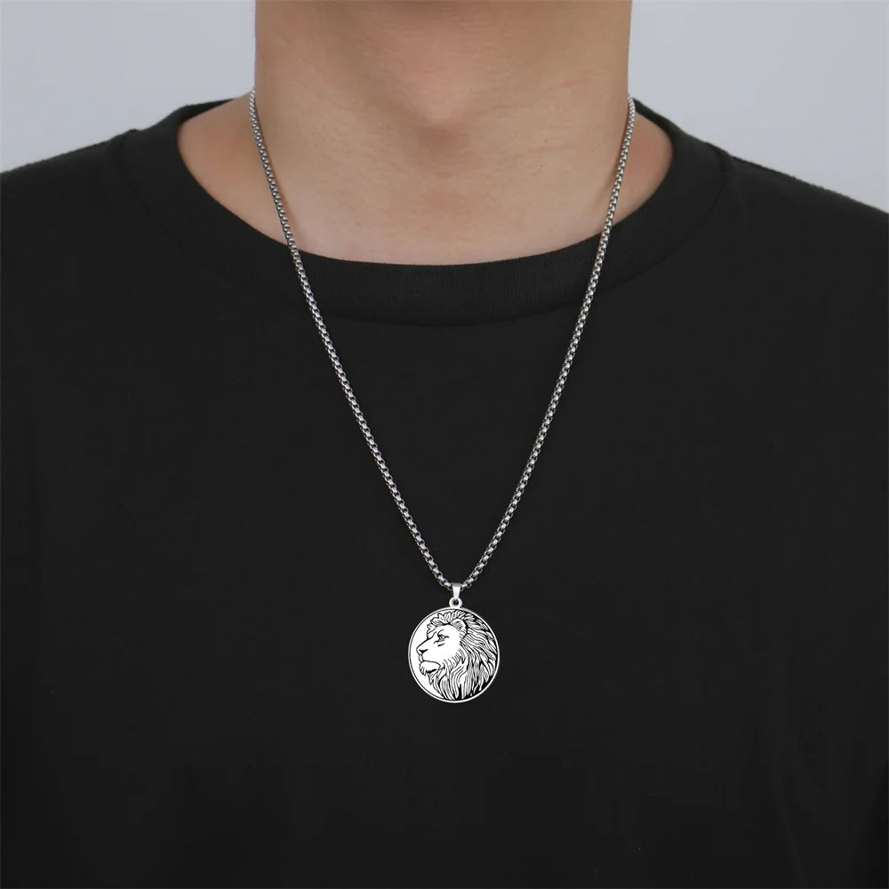 Leo Zodiac Lion Head Coin Necklace — Stainless Steel