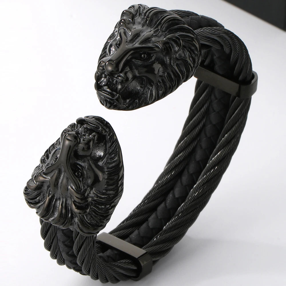 Gothic Elastic Double Lion Face Head Open Cuff Bangle Bracelet For Man Stainless Steel & Leather 12MM Twist Chain Mens