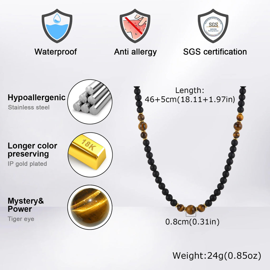 Retro Natural Stone Beads Necklace Tiger Eye Stone Stainless Steel Collar Necklace for Men Boho Trendy Jewelry Gifts