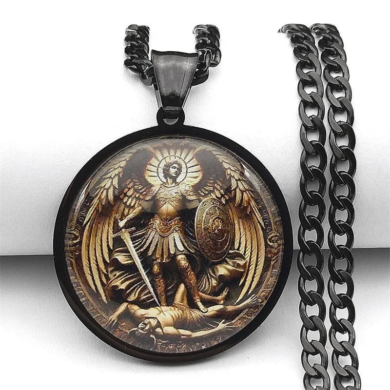 SAINT MICHAEL PROTECT US Archangel Stainless Steel Round Glass Medal Pendant Necklace for Women Men Gold Color Chain