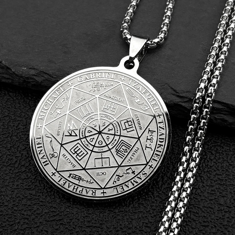 Seven Archangels Sigil Medal Angel Pendant Necklace for Women Men Stainless Steel Seal of Solomon Christian Amulet