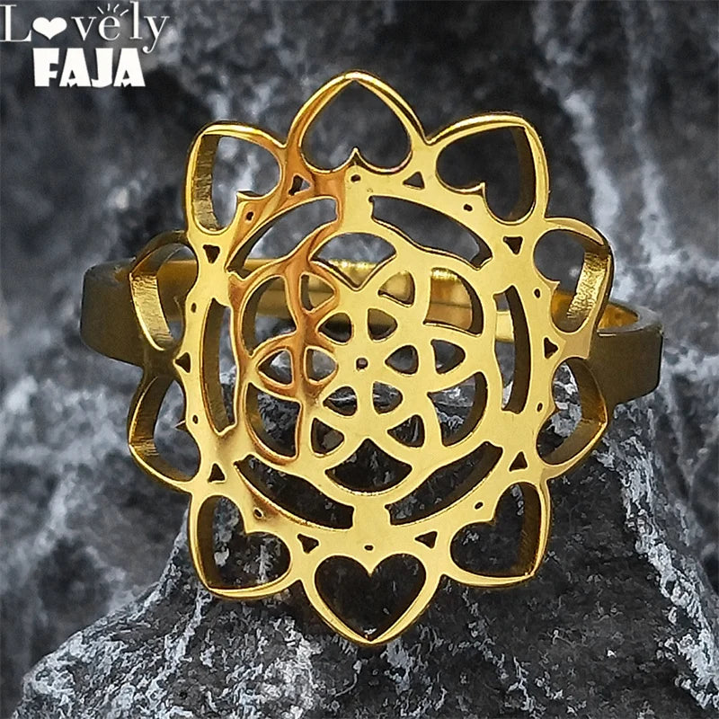 Heart Gold Ring Sacred Geometry Metatron Flower