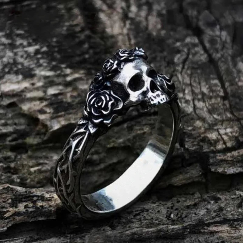 Unique Black Mens Flower Skull Ring 316L Stainless Steel Heavy Rings for Men Male Bijoux Punk Biker Fashion Party