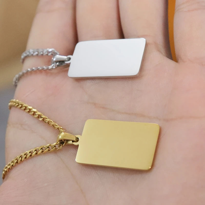 Cuban Chain Strip Bar Pendant Necklace — Stainless Steel