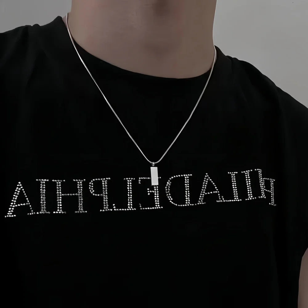 Silver Color Simple Square Pendant Necklace Retro Stainless Steel Long Men Necklace Fashion Hip Hop Jewelry Trendy Accessories