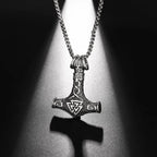 Vintage Viking Animation Style Pendant Necklace Titanium Steel Nordic Thor Hammer Triangle Knot Pendant Men's Necklace
