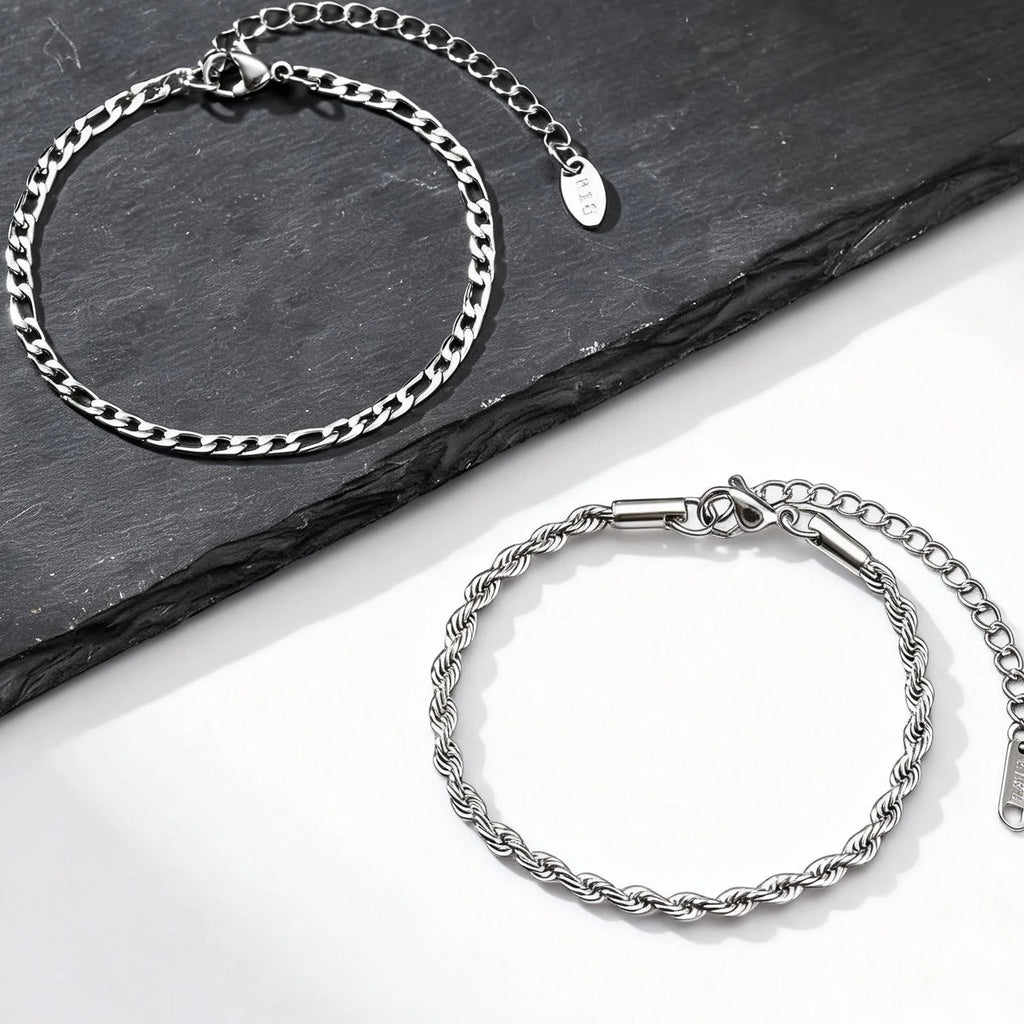 Figaro Rope Chain Bracelet Set Silver — Stainless Steel