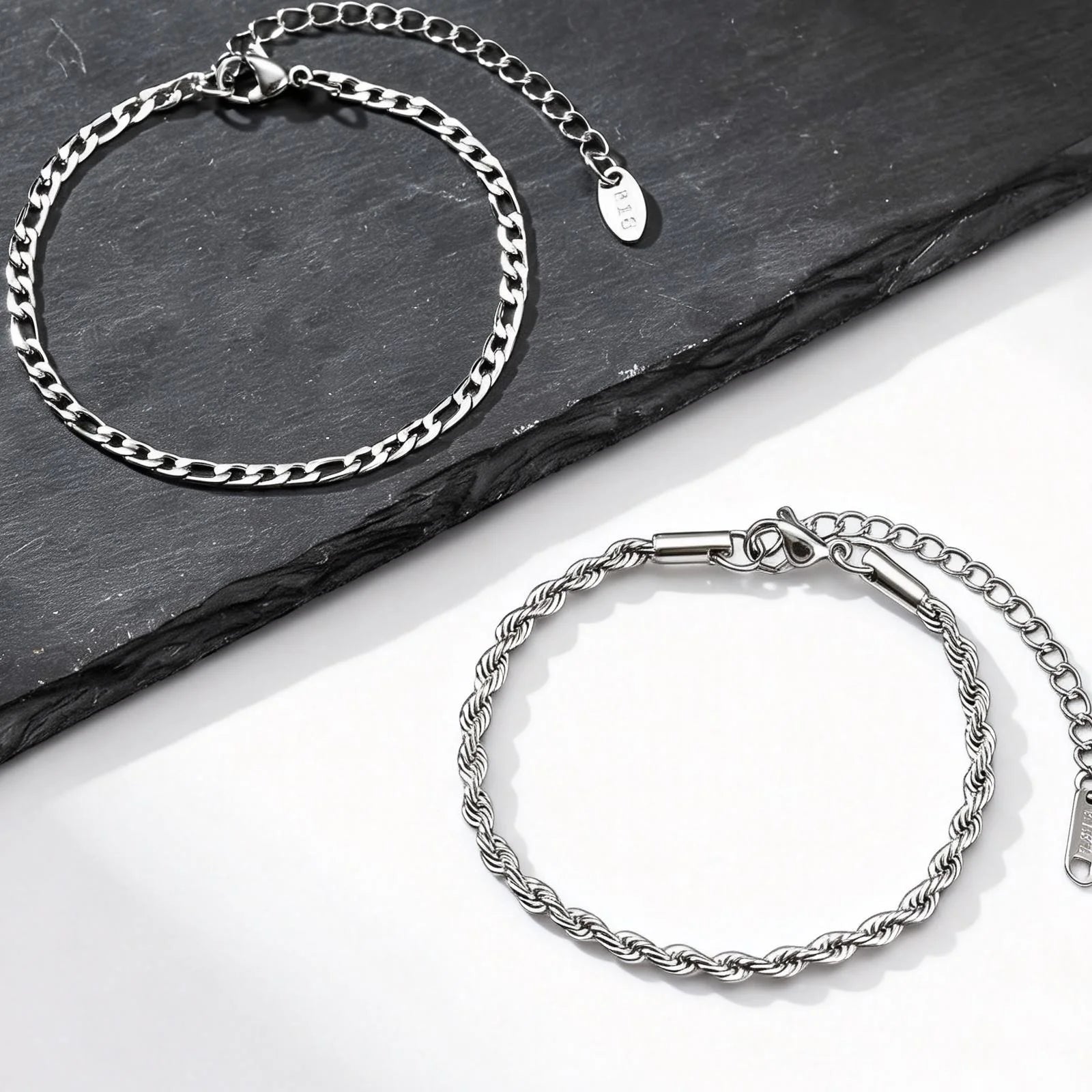 Figaro Rope Chain Bracelet Set Silver — Stainless Steel