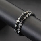 Cool 2Pcs/Set Anchor Stone Bracelet Man Howlite Obsidian Tiger Eyes Grade A Beaded Strand Braslet Fashion Boyfriend