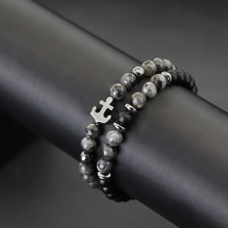 Cool 2Pcs/Set Anchor Stone Bracelet Man Howlite Obsidian Tiger Eyes Grade A Beaded Strand Braslet Fashion Boyfriend
