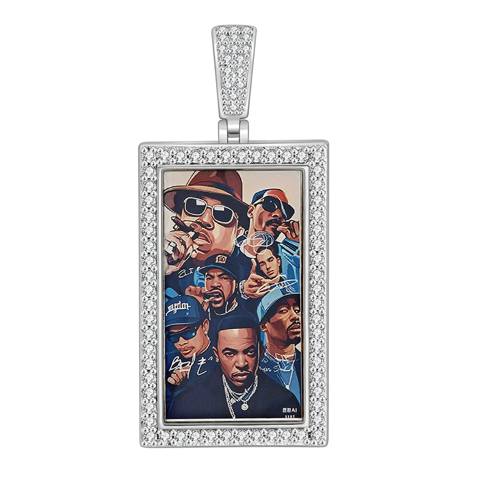 Iced Out Rectangle Photo Pendant Necklace