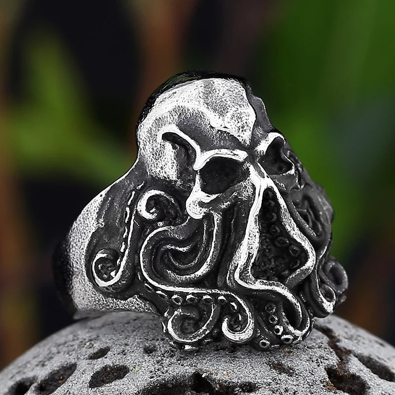 2022 New Christmas Charm Halloween Octopus Skull Punk Stainless Steel Seaman Rings Men Anel Puck Jewelry Halloween Gift