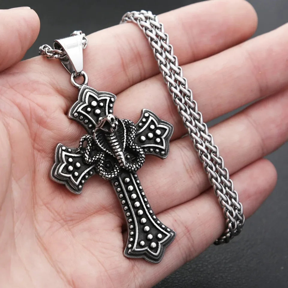 Vintage Stainless Steel Snake Necklaces For Men Women Gothic Hip Hop Cross Pendant Fashion Personality Biker Jewelry