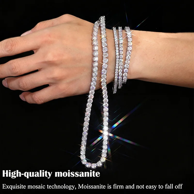 FEOBUR 3/4/5mm Real Moissanite Tennis Necklace for Women Men S925 Silver Certified Full Diamond Neck Chains Trendy