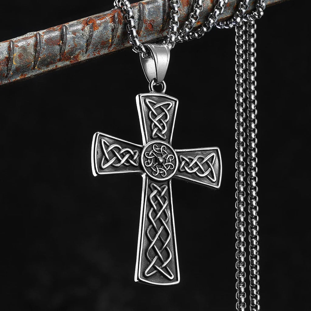Carved Cross Pendant Necklace — Stainless Steel